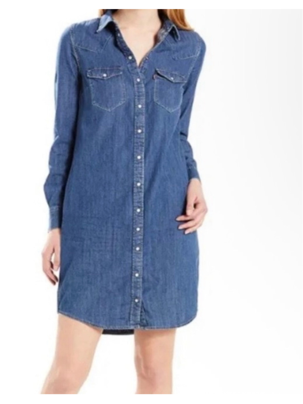 Women's Levi's Denim Long Sleeve Western Pearl Snap Shirt Dress, Size S, Blue